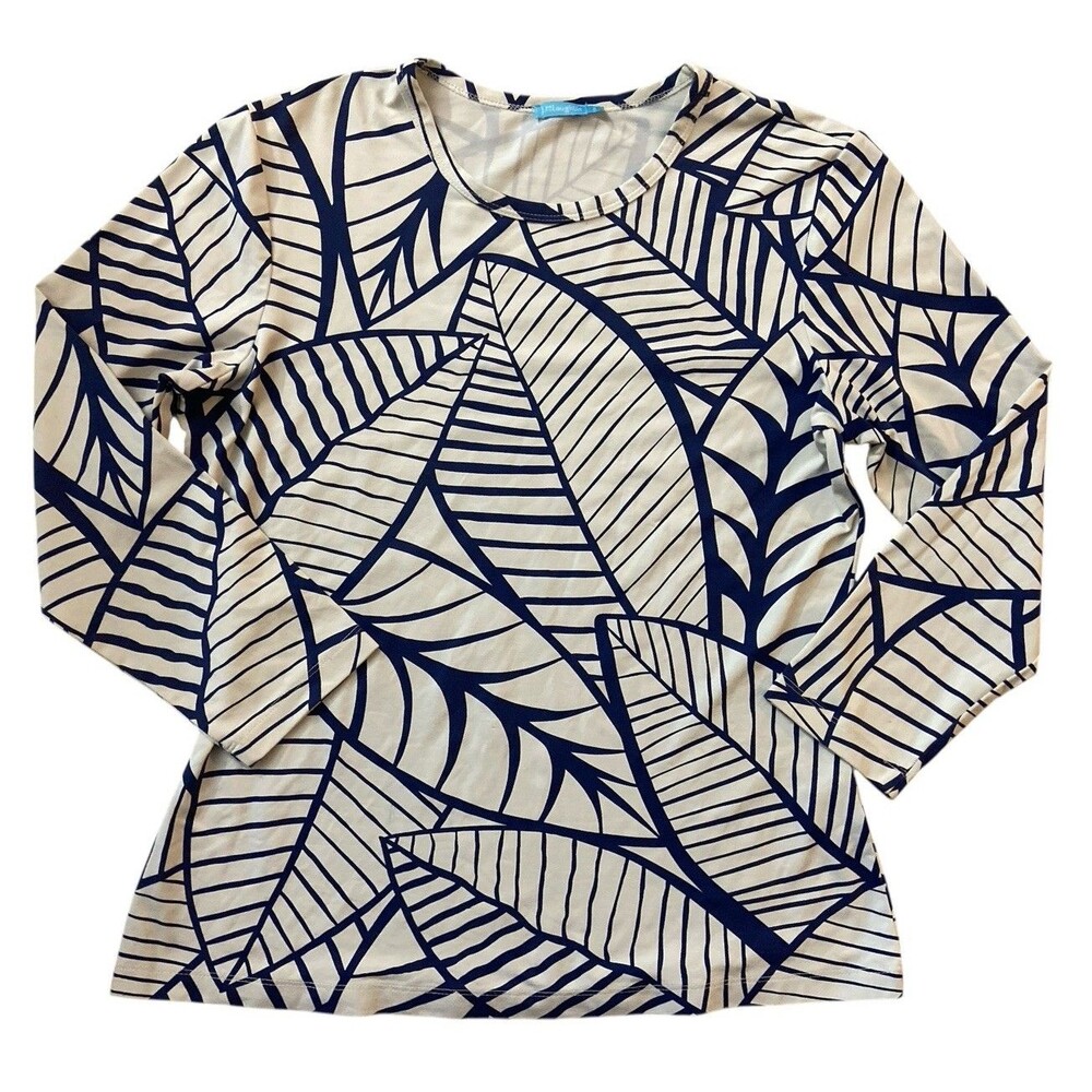 J. McLaughlin Cream and Navy Leaf-Print Long Sleeve Top